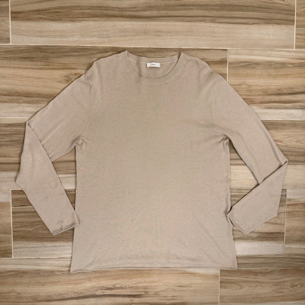 Onia Mens Beige Tan Long Sleeve Crewneck Knit Sweater Rolled Edge Detail